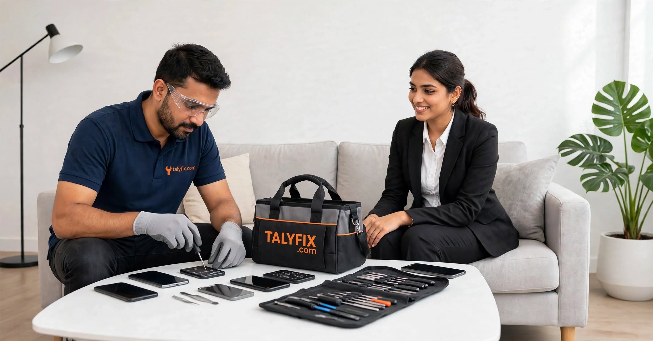 Talyfix technician repairing a mobile phone at customer's doorstep